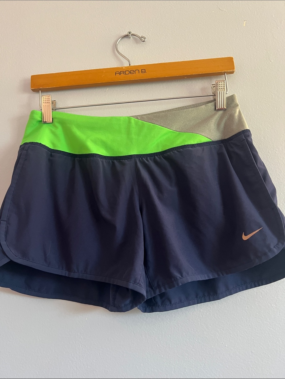 Nike Women's Navy Athletic Shorts with Neon Green and Light Gray Waistband